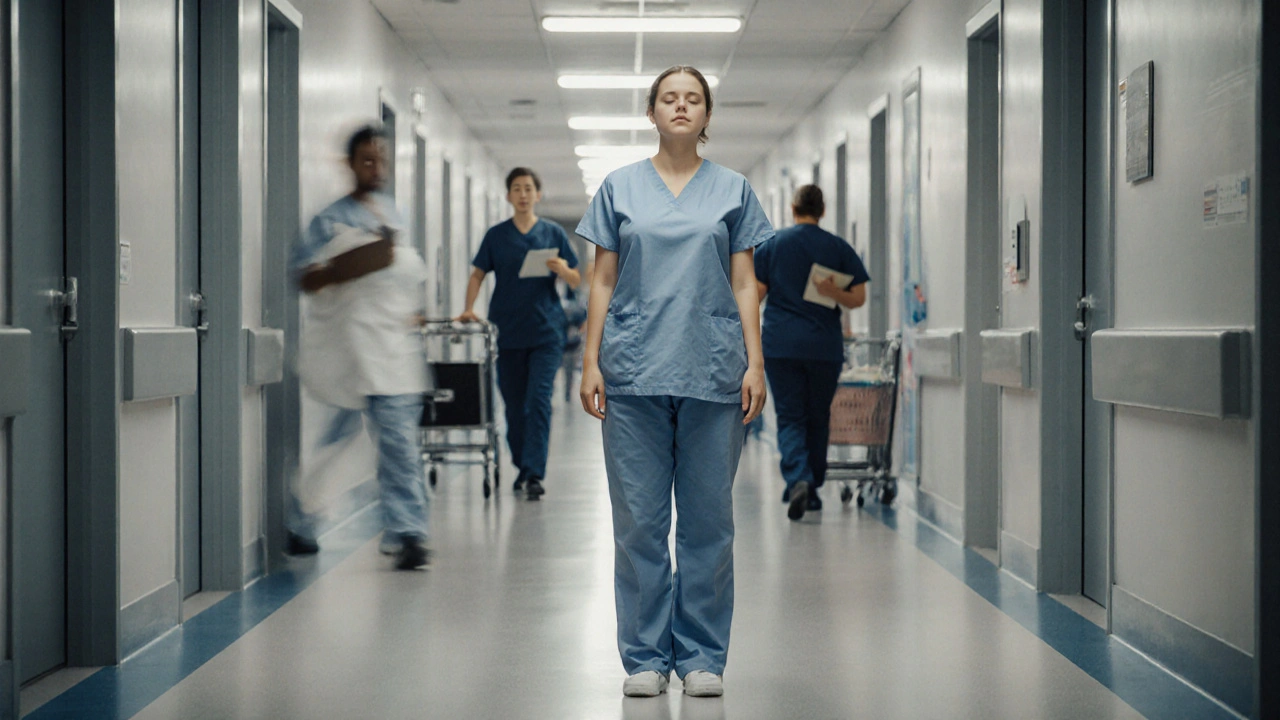 A nurse standing still in a busy hospital hallway, eyes closed, grounded in the moment.