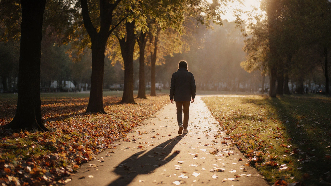 A person walking slowly through a park at sunset, phone and headphones left behind.