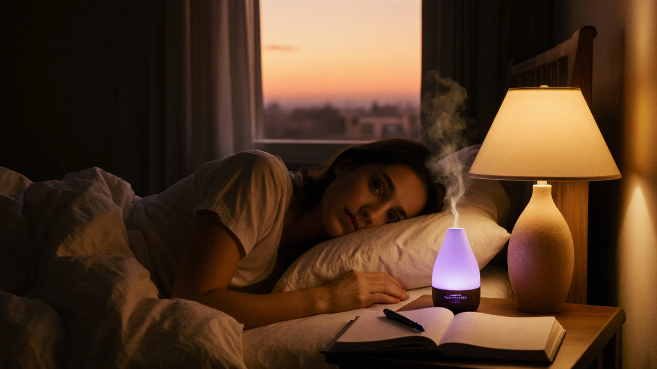 Cozy nighttime bedroom with lavender diffuser, journal, and soft lighting, showing a relaxed person preparing for sleep.