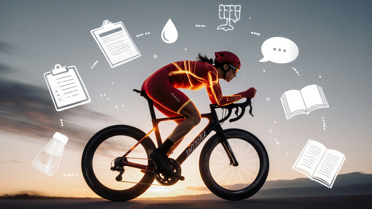Cyclist sprinting with golden vein highlights and floating icons for documentation, hygiene, communication, and education.