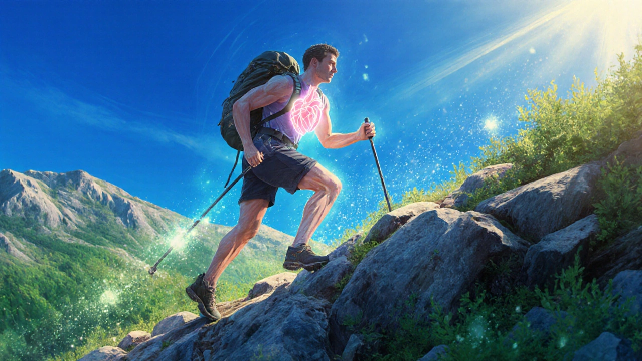 Hiker climbing a ridge with glowing heart outline and muscular legs under bright sky.