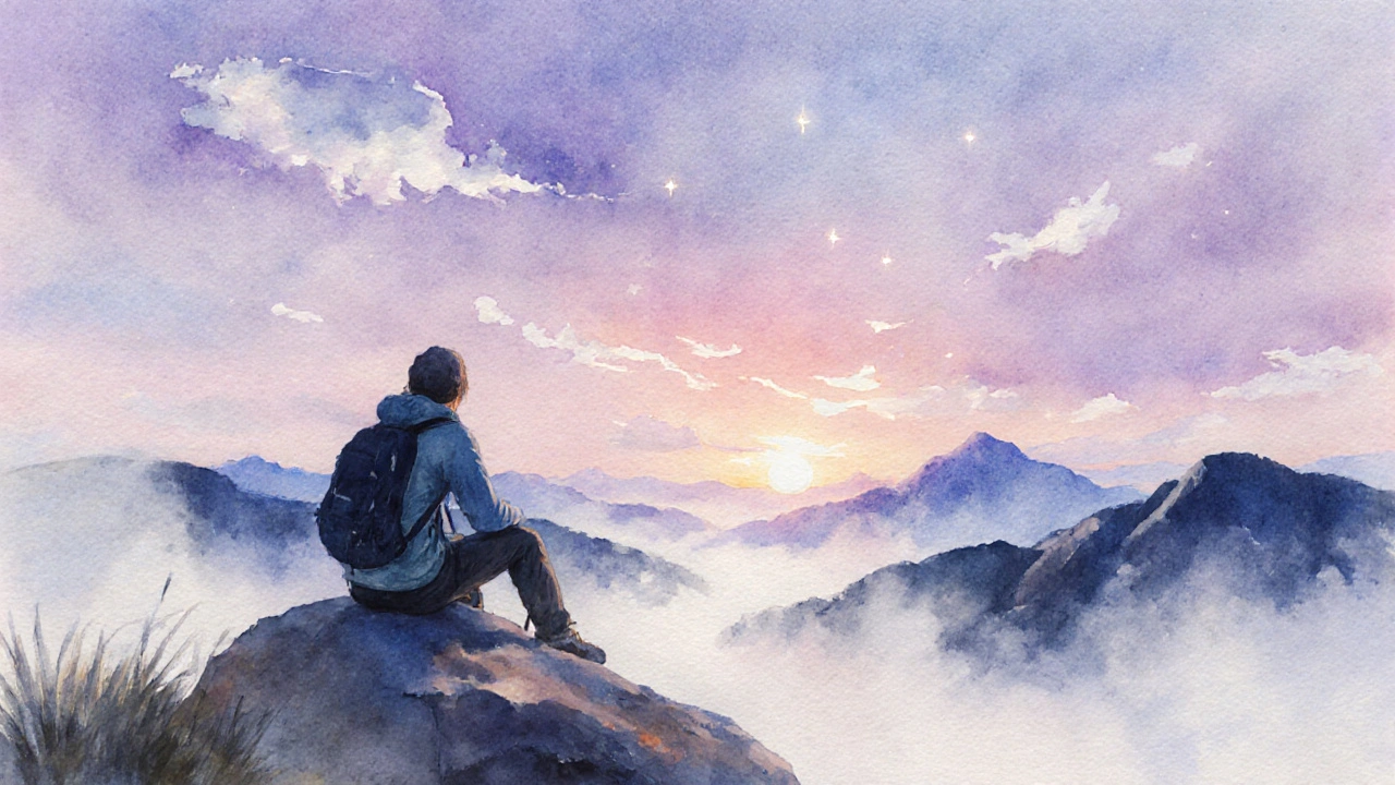 Hiker sitting on a mountaintop at dusk, pastel sky, mist and emerging stars.