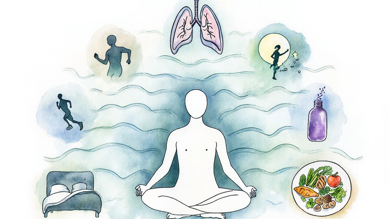 Illustration of a calm figure surrounded by icons for breathing, muscle relaxation, meditation, exercise, sleep, nutrition, and aromatherapy.