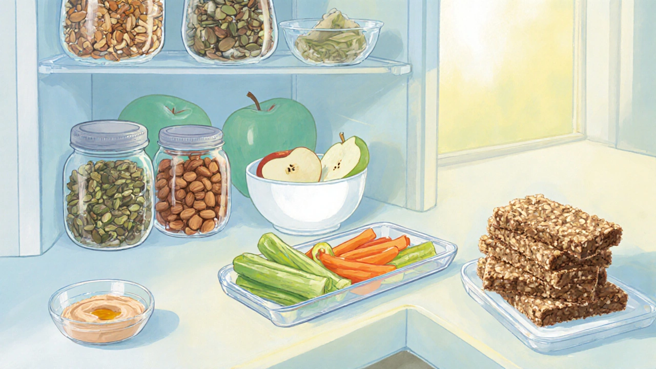 Kitchen countertop with organized snack containers: nuts, yogurt, apple slices, and veggie sticks.