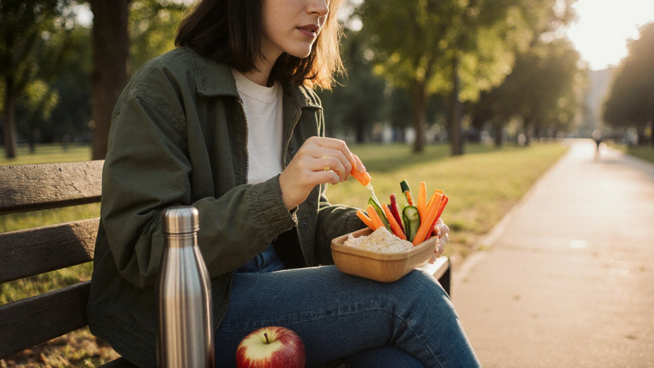 Person on a park bench eating carrot sticks with hummus from a small container.