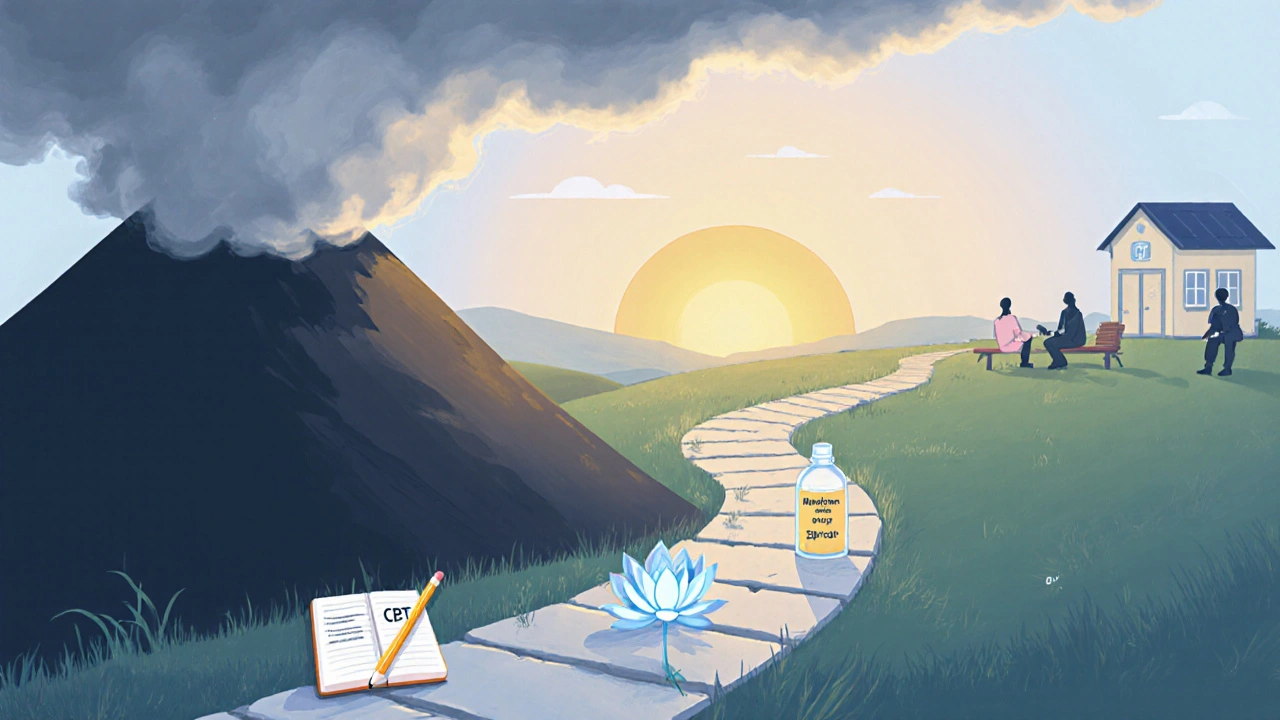 Winding path from stormy hill to sunrise with icons for CBT, meditation, and medication along the way.