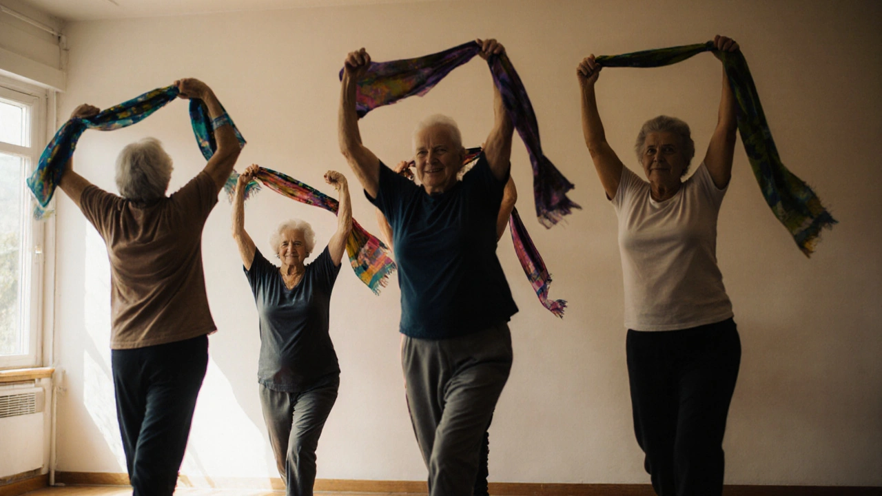 A group of people moving gently with scarves in dance therapy, sunlight highlighting their rising arms.