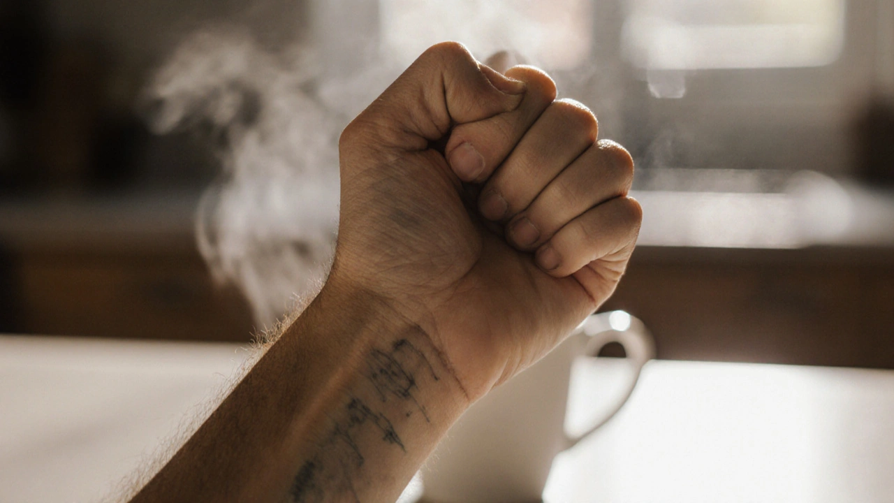 A hand releasing tension, fingers unclenching as stress fades from the arm.