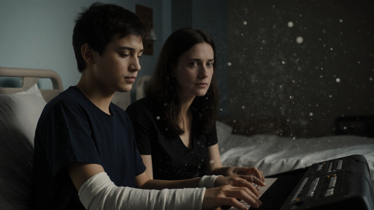 A teenage boy playing a simple melody on a keyboard during music therapy, tears on his face.
