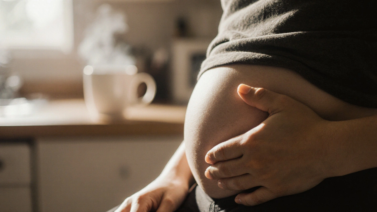 Hand on belly during slow exhale, warm light highlighting breath, blurred kitchen in background.