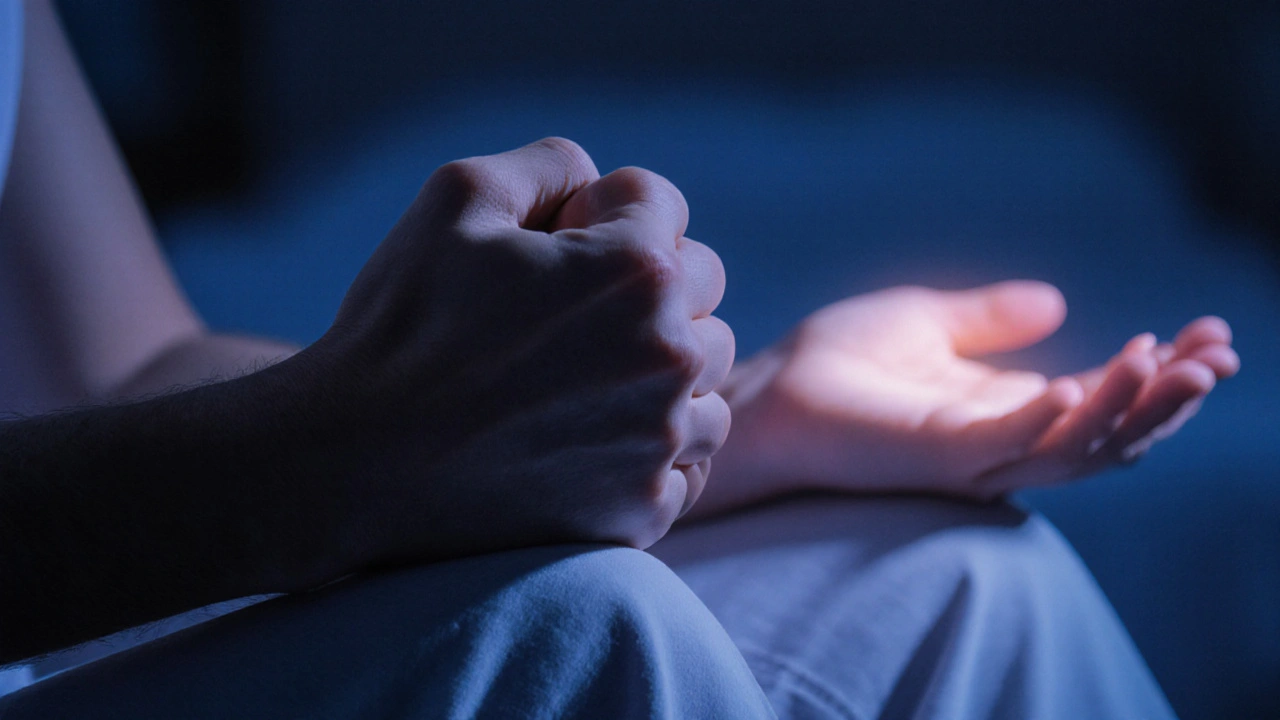 Hands transitioning from clenched tension to relaxed release, warm glow suggesting muscle relaxation.