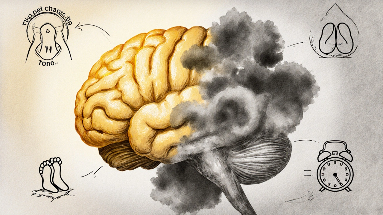 Illustrated human brain showing calm, thickened prefrontal cortex on one side and chaotic gray thoughts on the other.