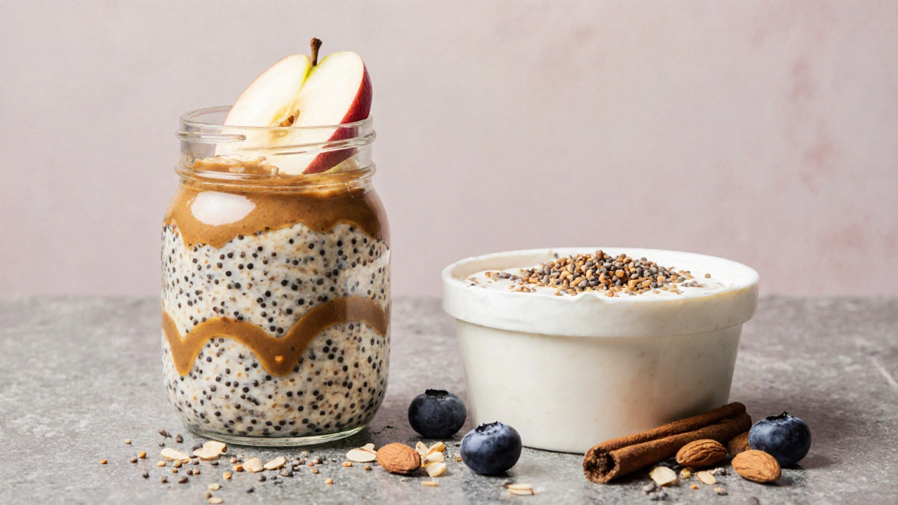 Overnight oats in a jar with chia seeds, almond butter, and sliced apple beside Greek yogurt and flaxseed.
