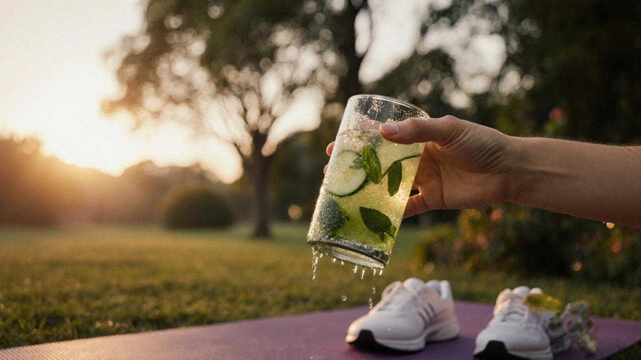 Person drinking cucumber mint juice at dawn with garden view and yoga mat nearby.