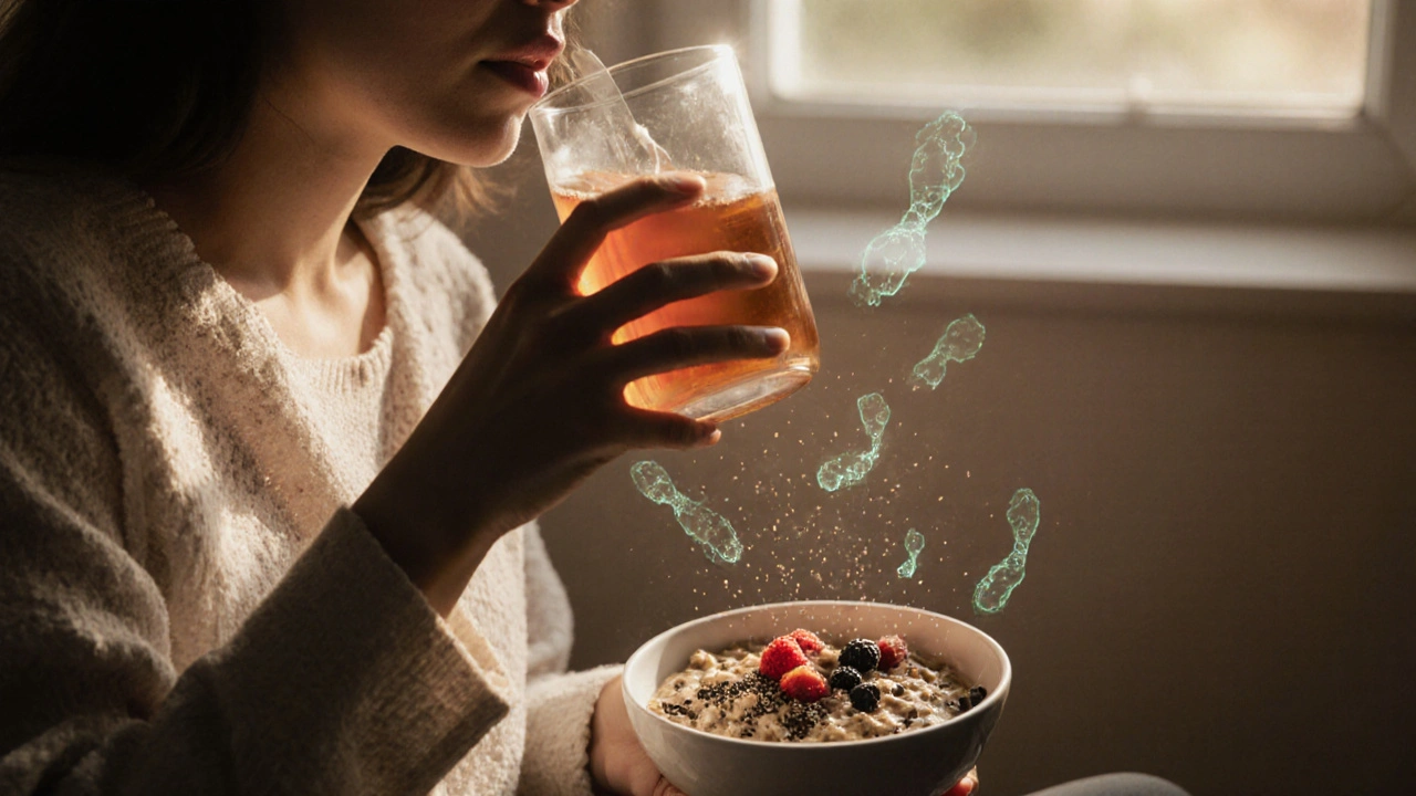 Person enjoying a healthy breakfast with subtle microbial glow suggesting gut wellness.