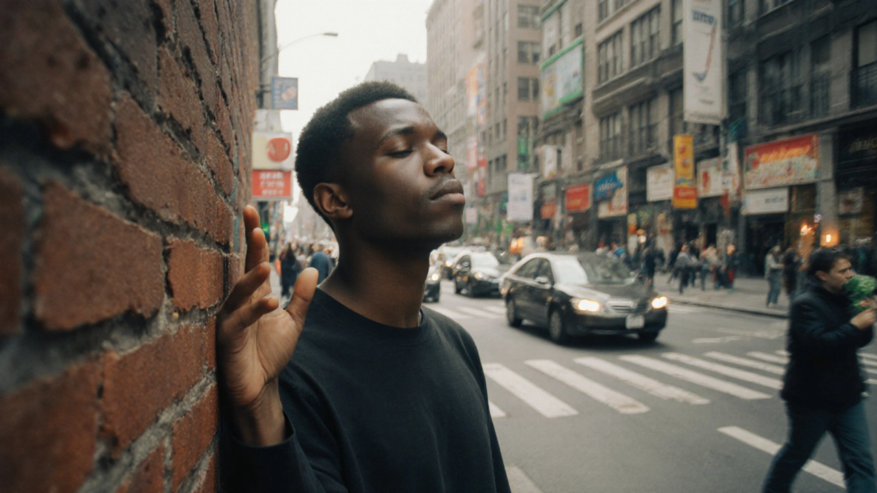 Person grounded in busy street using senses, still amid motion, touching wall as cars blur past.