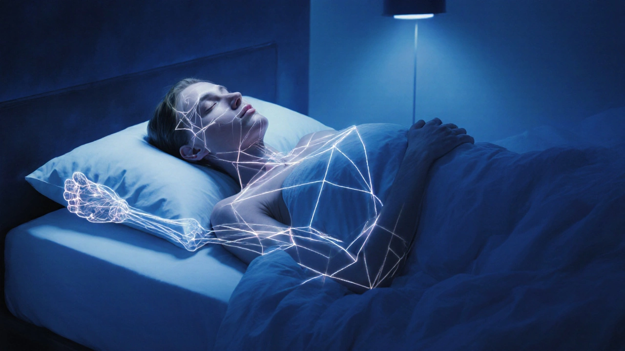 Person lying down with gentle light highlighting tension release from feet to head.