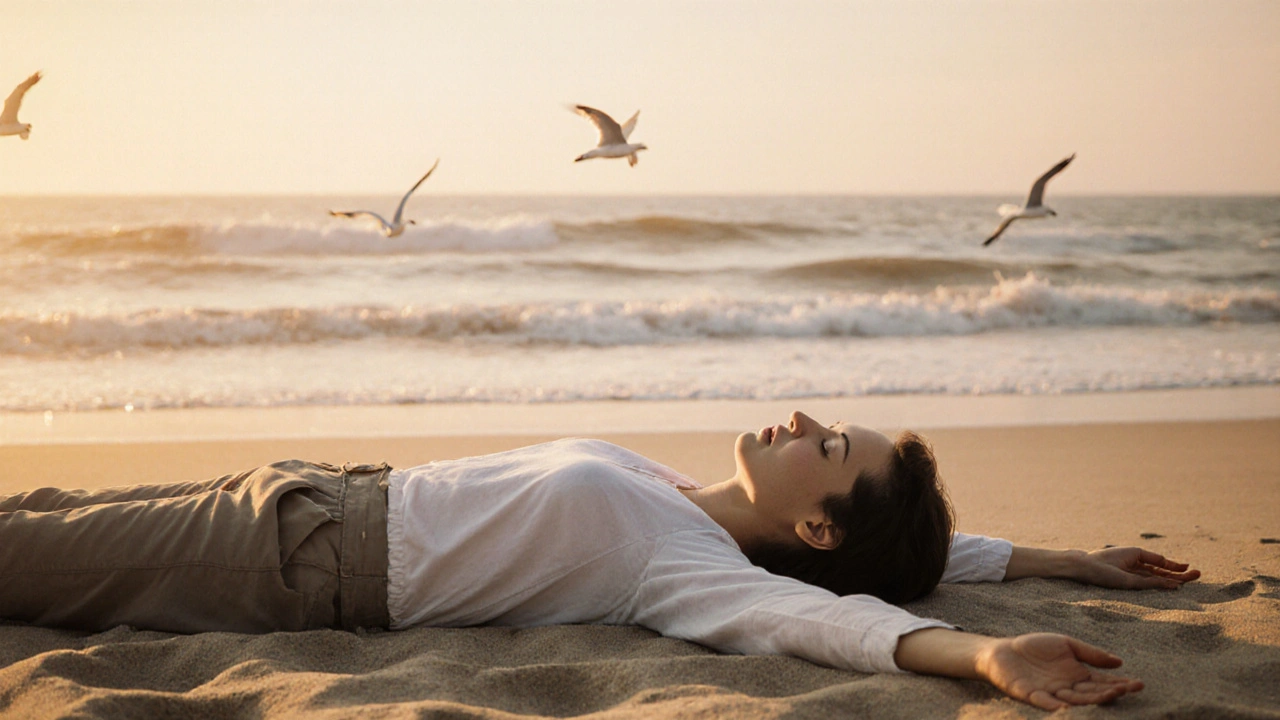 Person lying peacefully on a beach at sunset, eyes closed, waves gently approaching in the background.