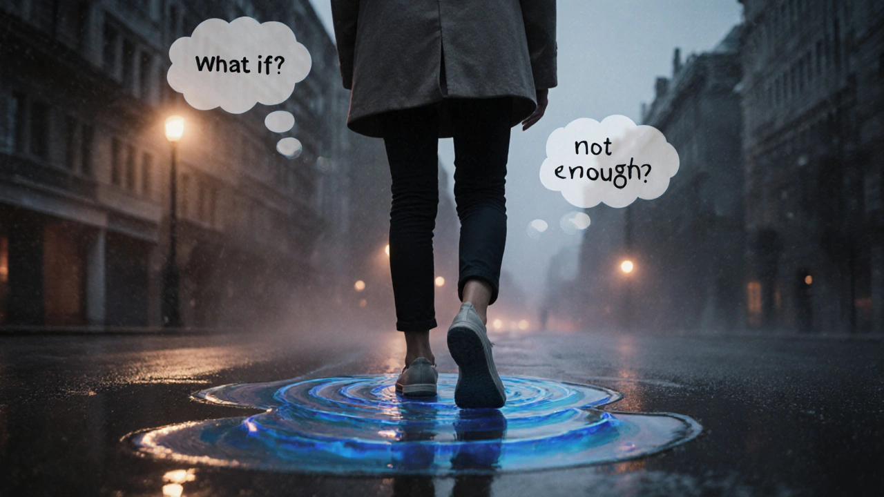 Person walking in rain, feet touching puddles that ripple into calming waves, thought bubbles fading into mist.