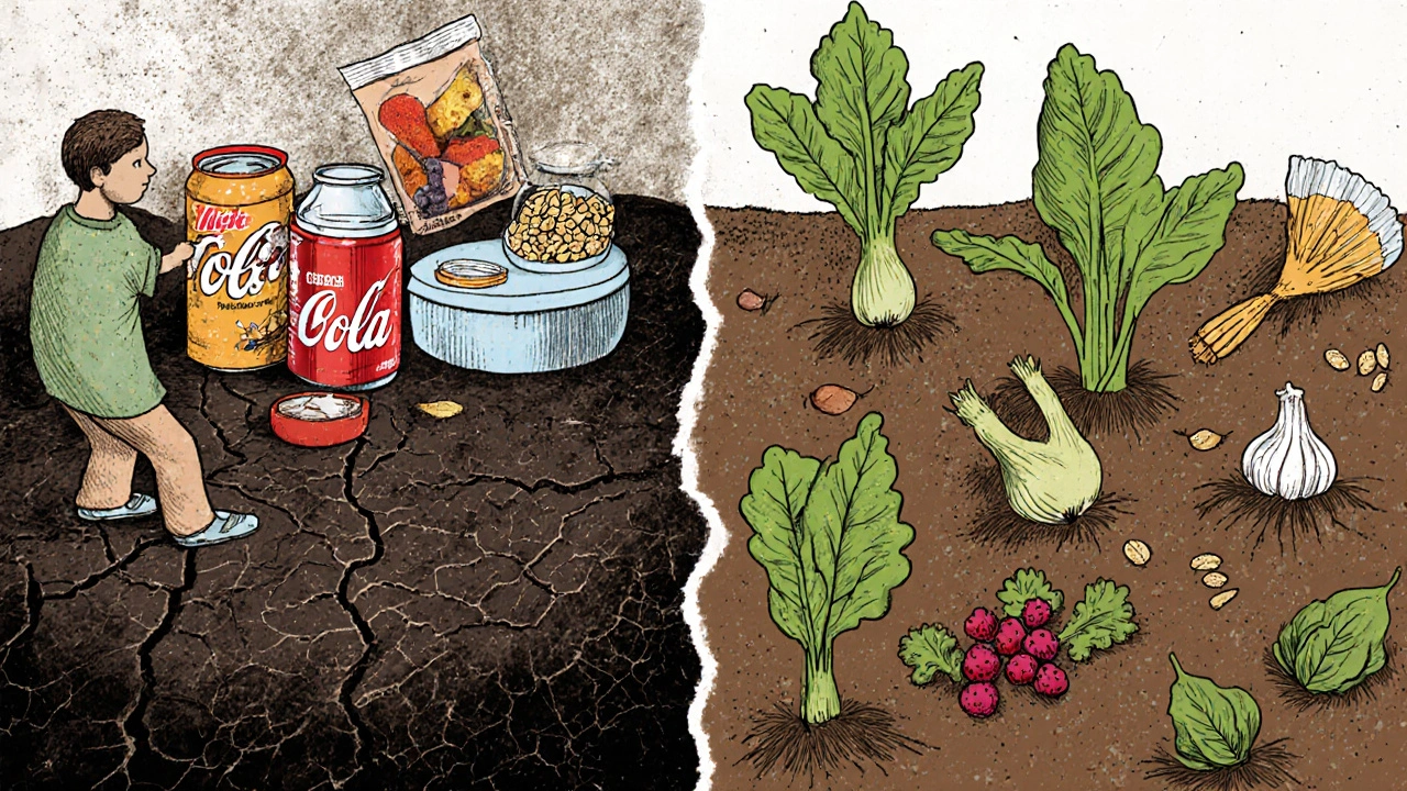 Split image contrasting processed foods with gut-healing whole foods on a counter.