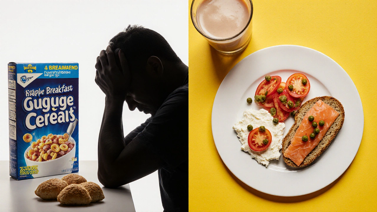 Split image contrasting unhealthy sugary cereal with a healthy protein-rich breakfast plate.