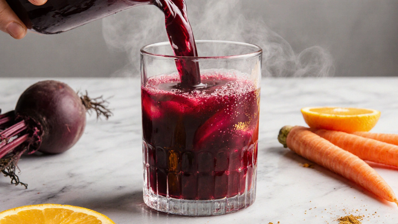 Vibrant red beet juice being poured into a glass with turmeric swirls and fresh vegetables nearby.