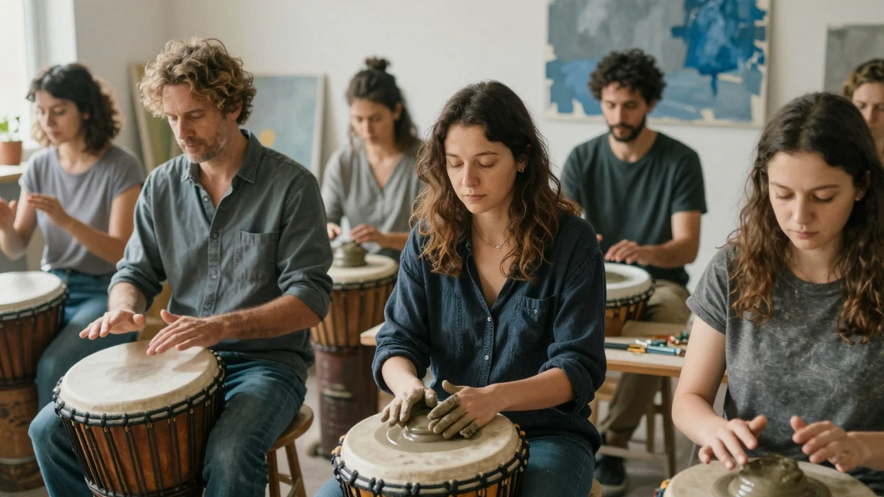 A group of adults engaged in art, music, and clay therapy in a sunlit studio, each lost in quiet creative expression.