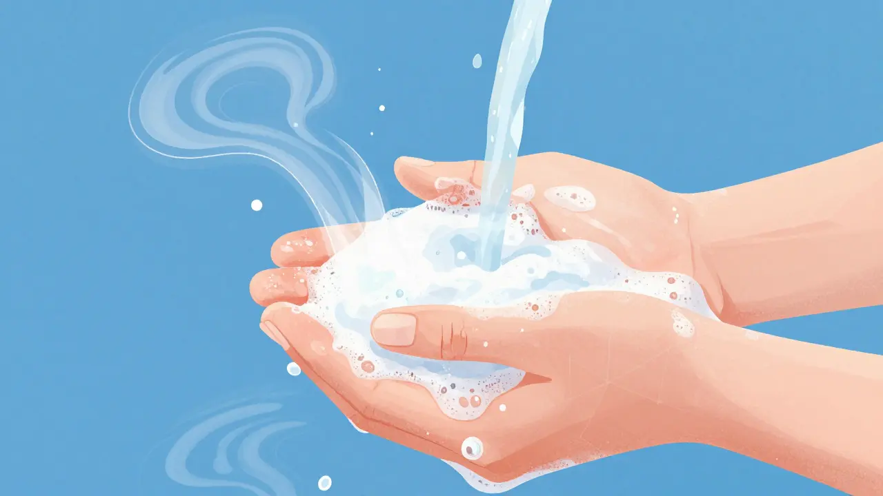 A hand washing under running water with sensory details visualized as light and patterns.