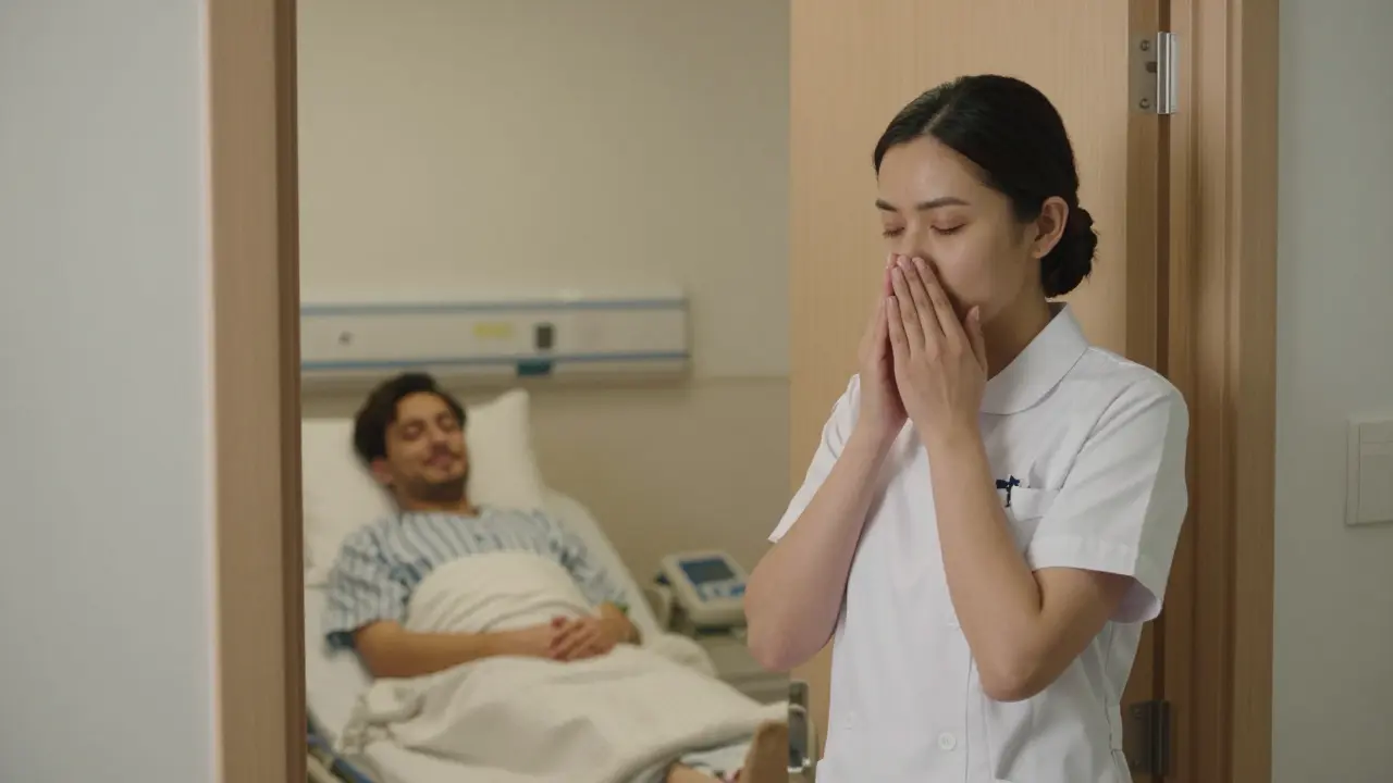 A nurse taking a calm breath before entering a patient's room.