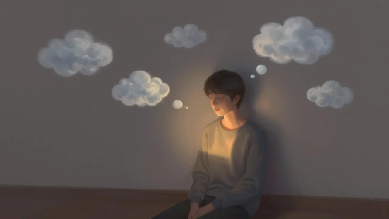 A person sitting quietly as floating thoughts drift by, illuminated by a calm beam of light.