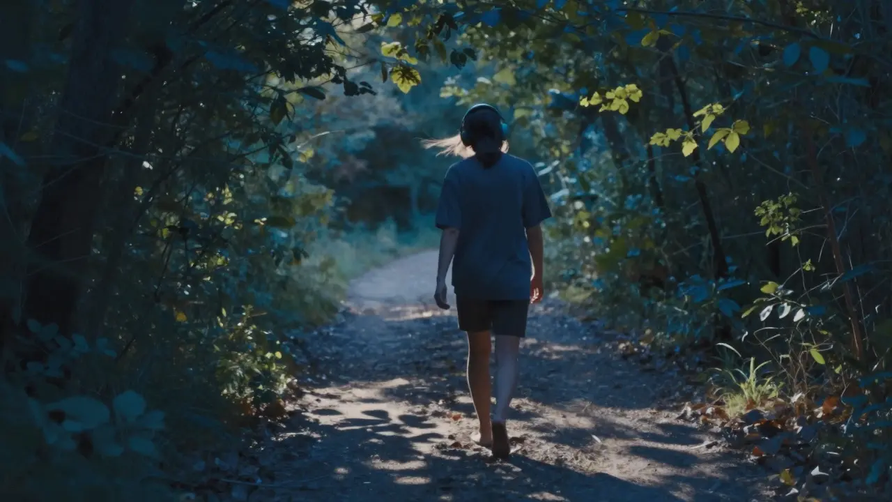 A person walking barefoot in a forest, observing nature without headphones.