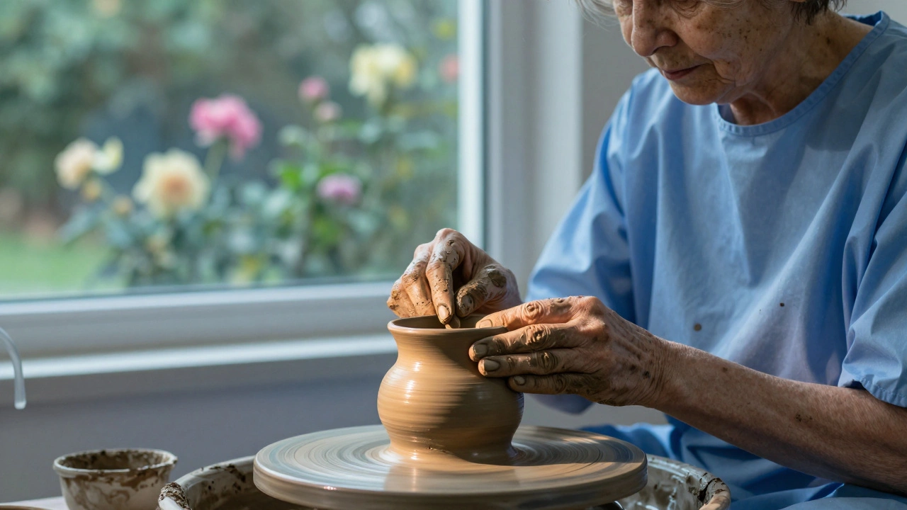 An elderly woman shaping clay into a pot during chemotherapy, hands stained with earthy pigment, soft light highlighting her work.