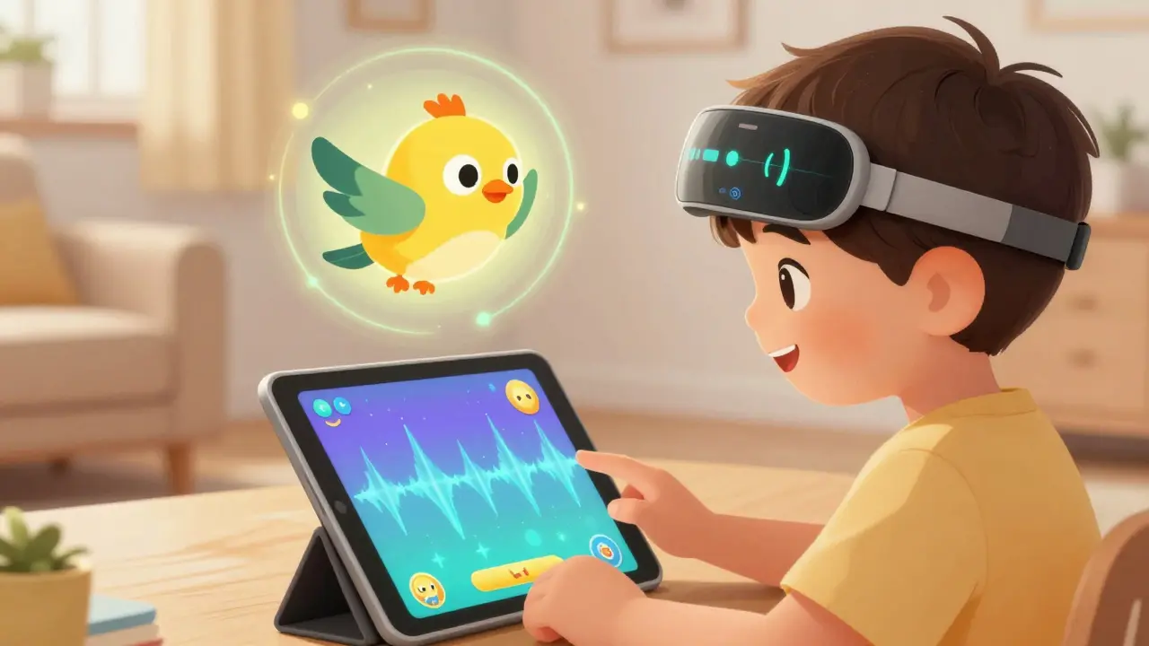 Child playing a biofeedback game where calm brainwaves make a bird fly higher.