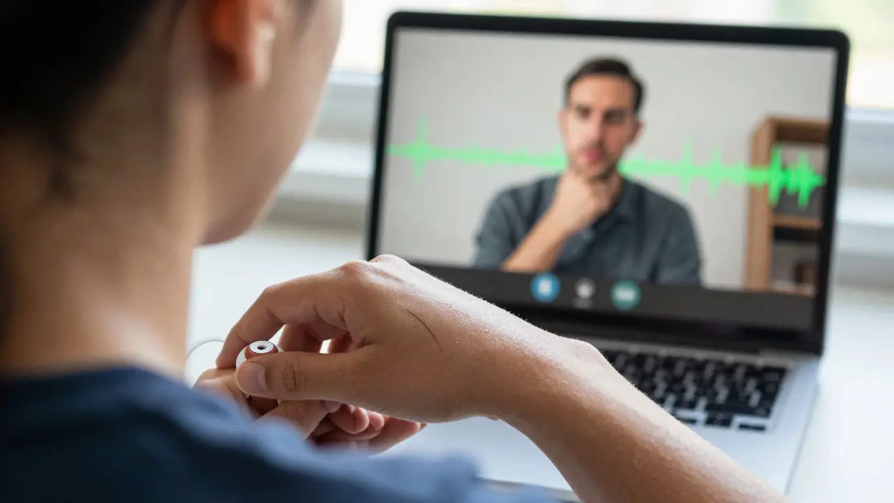 Hand with EMG sensor on neck, tension levels visible on screen during a video call.