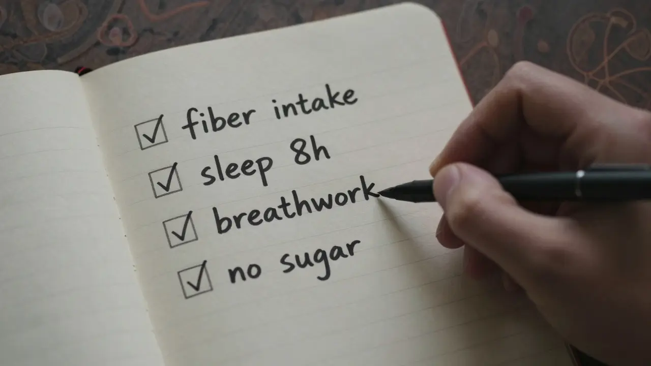 Hand writing healthy habits in a notebook with subtle microbiome patterns in background.