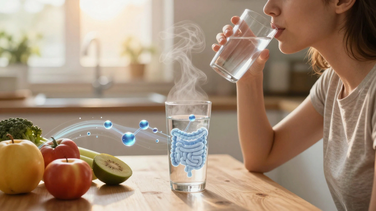 Person drinking water before a meal with transparent visualization of hydration in the digestive system.