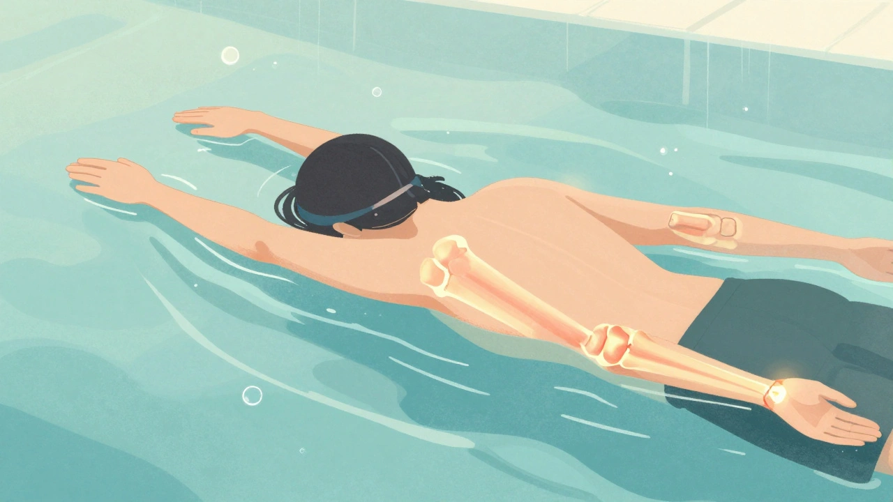 Person with arthritis floating comfortably in warm pool water, joints relaxed.