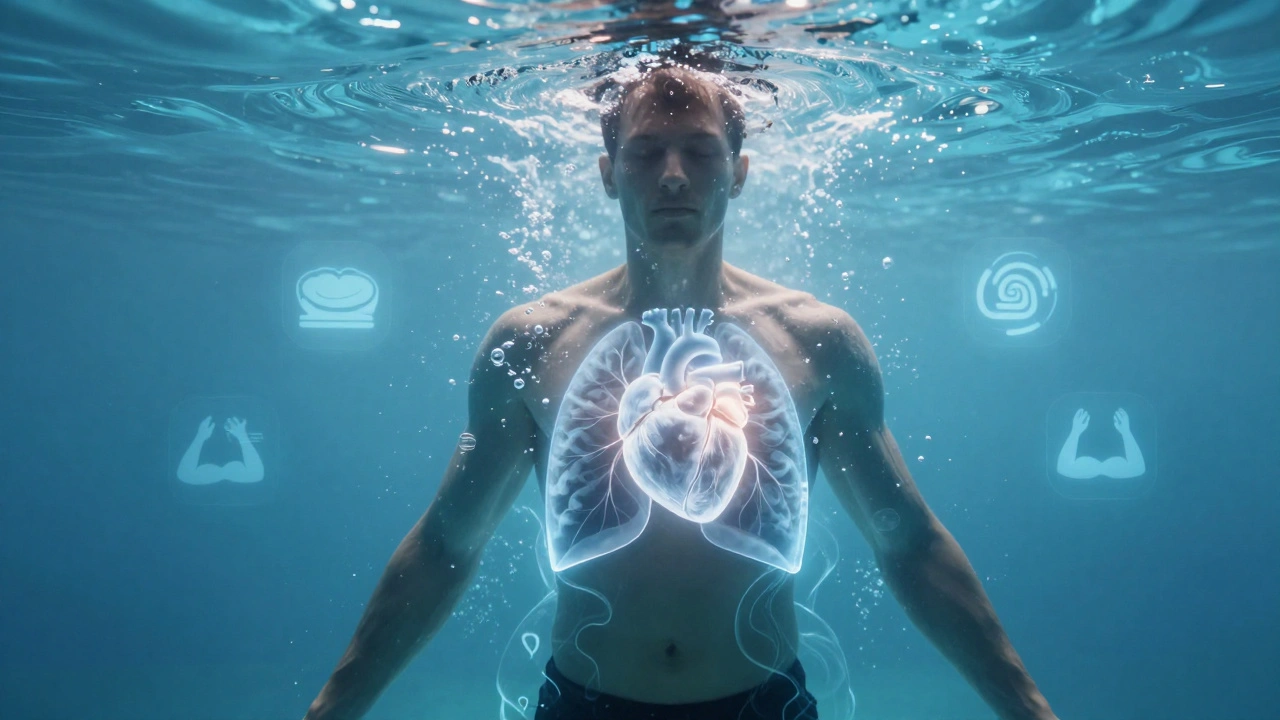 Silhouette in water with glowing heart, lungs, and brain representing health benefits.