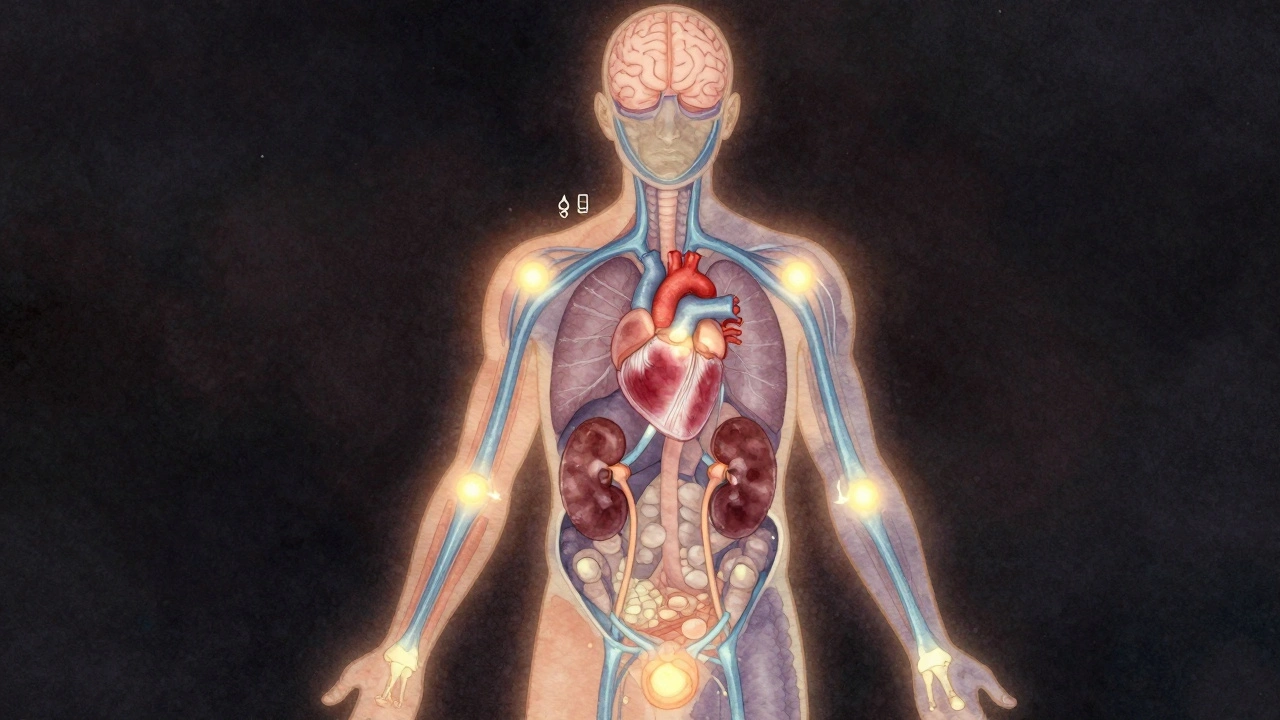 Silhouette of a human body with glowing water pathways connecting vital organs.