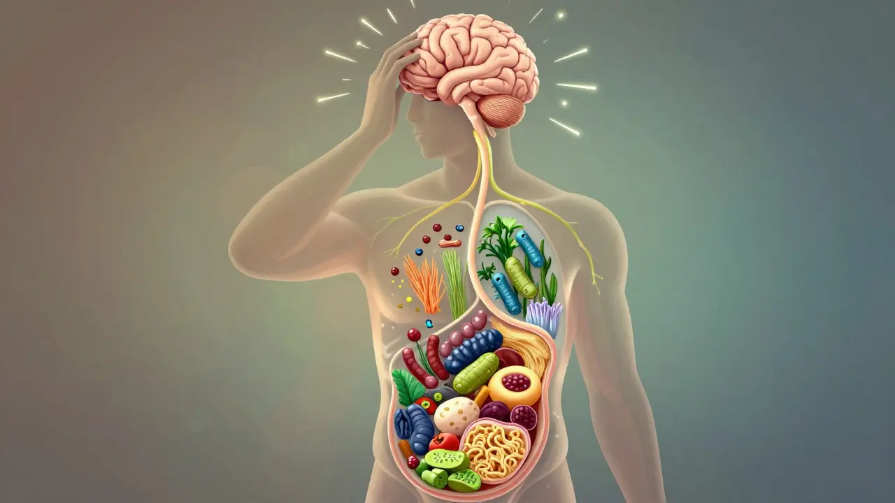 Transparent torso showing beneficial bacteria thriving around fiber and fermented foods.