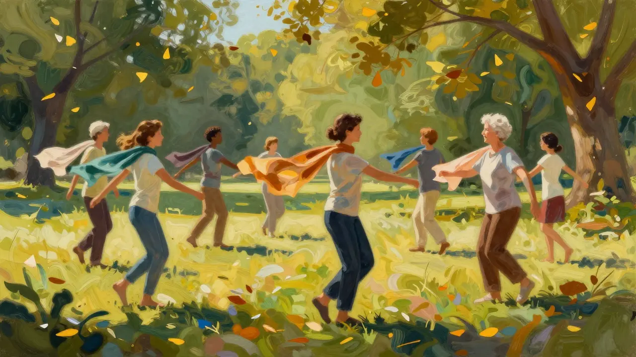 A group of people moving gently with scarves in a sunlit park during dance therapy.