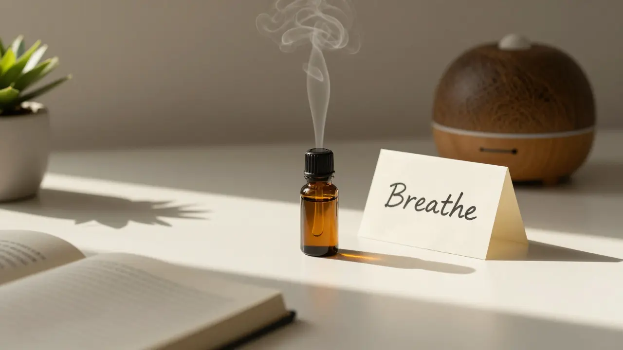 A minimalist desk with bergamot oil, a diffuser, and a handwritten 'Breathe' note in morning light.