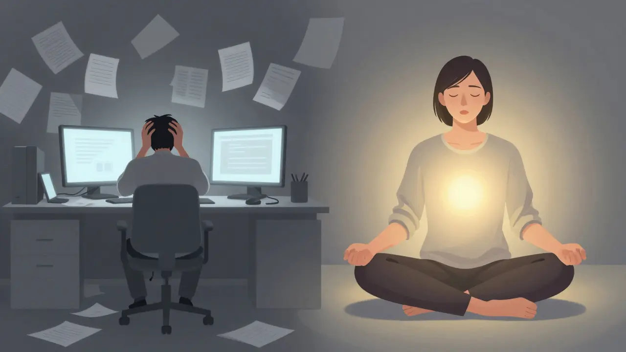 A person surrounded by chaos on one side, calm and glowing with inner peace on the other.