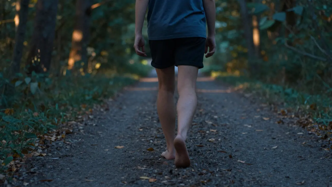 A walker barefoot on a quiet forest path at twilight, fully present in nature.