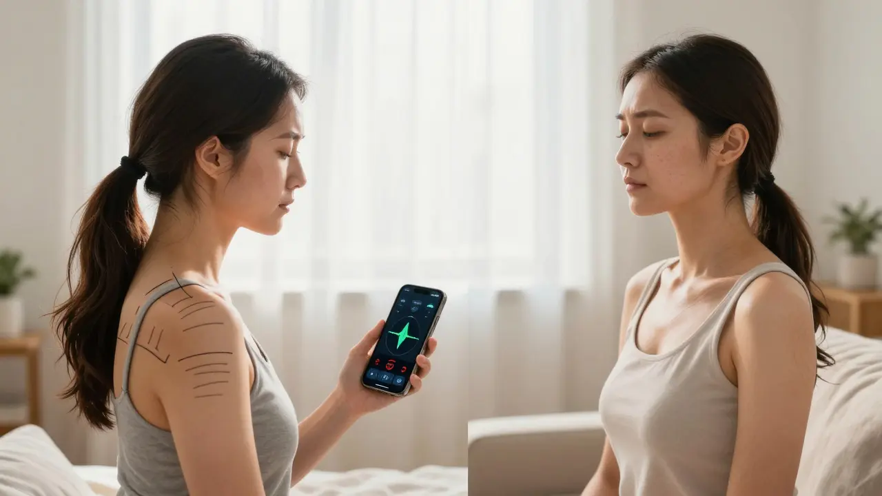 A woman breathing calmly with her phone showing heart rate feedback, contrasted with visual representations of relaxed versus tense shoulders.
