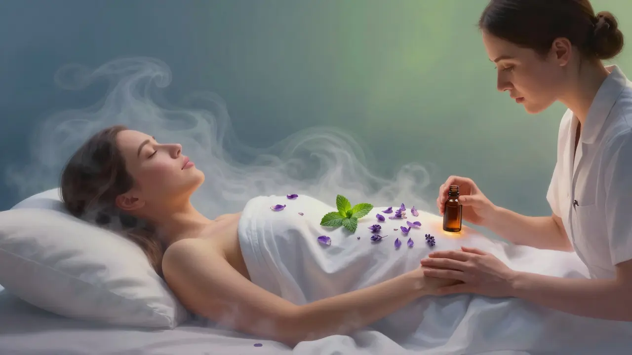 An artistic depiction of calming essential oil scents swirling around a laboring woman, symbolizing emotional relief during childbirth.