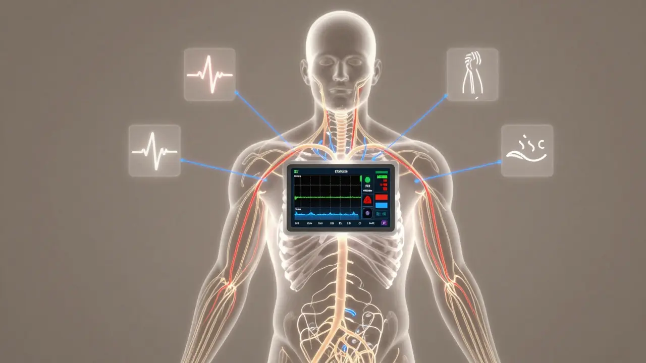 An artistic rendering of a glowing human nervous system with color-coded stress and calm signals flowing to a biofeedback dashboard.