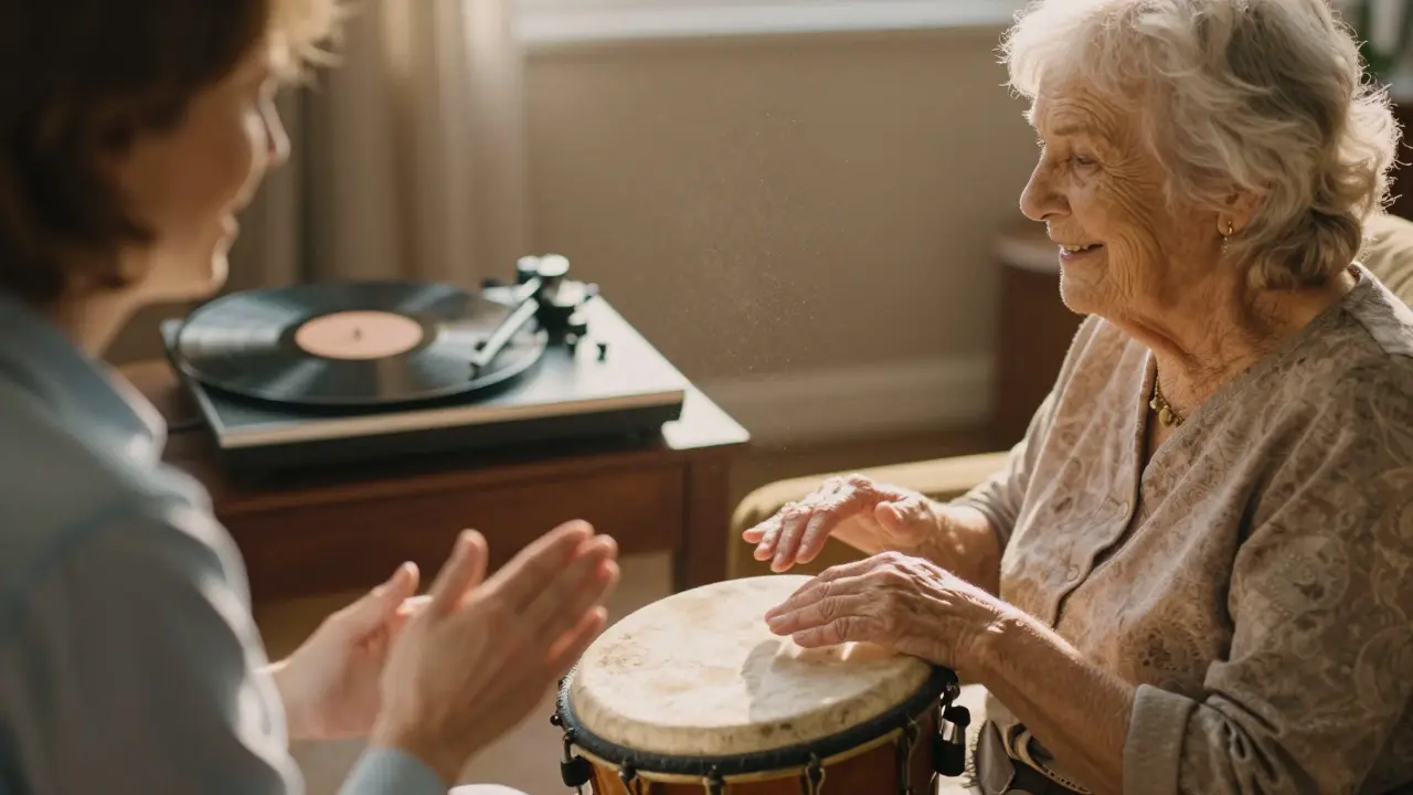 An elderly woman singing along to music during a therapy session.