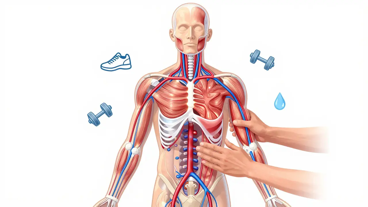 An illustrated human body with glowing pathways showing improved circulation and recovery after sports activity.