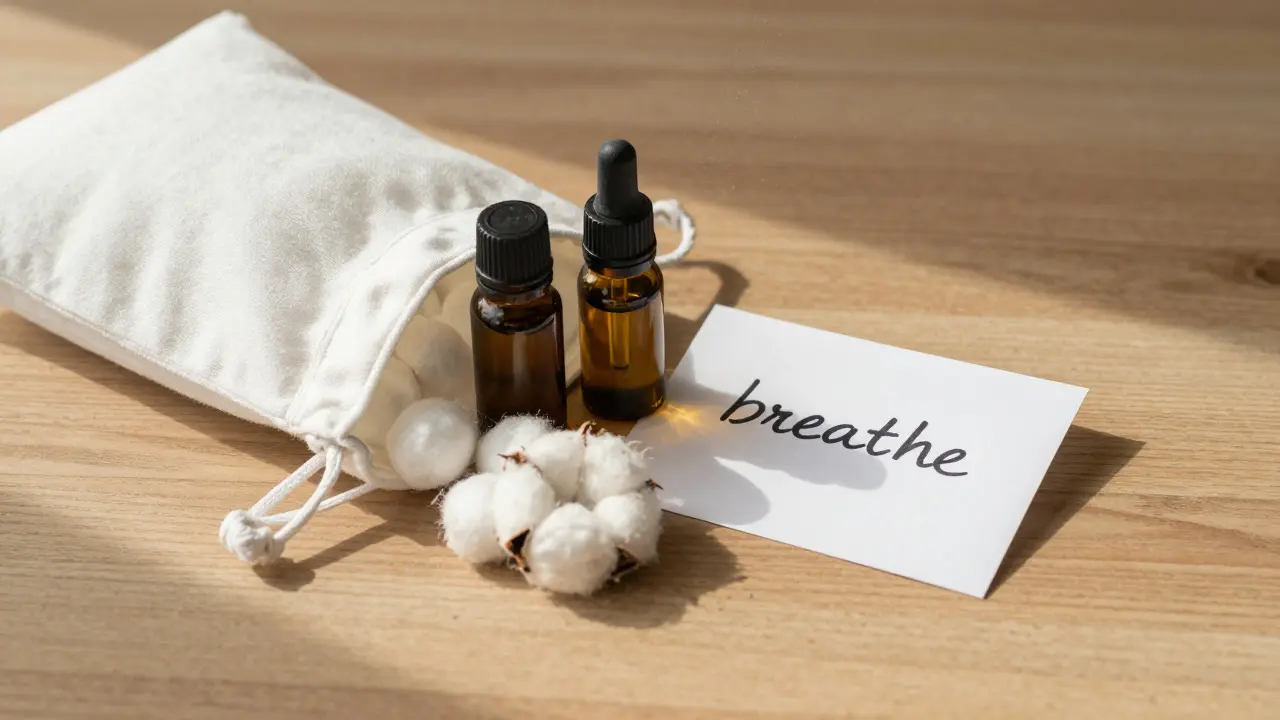 An open birth bag with essential oils and cotton balls, representing preparedness for natural pain relief during labor.